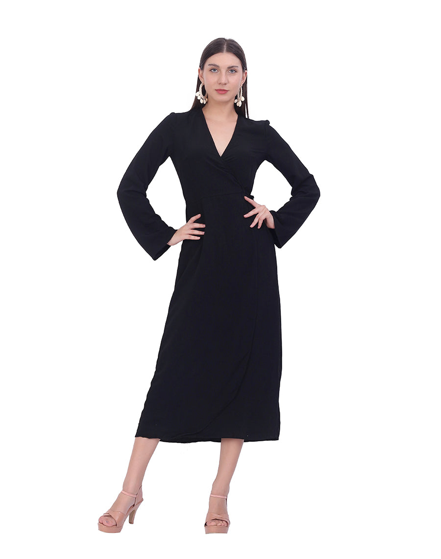 Black Overlap Midi Dress