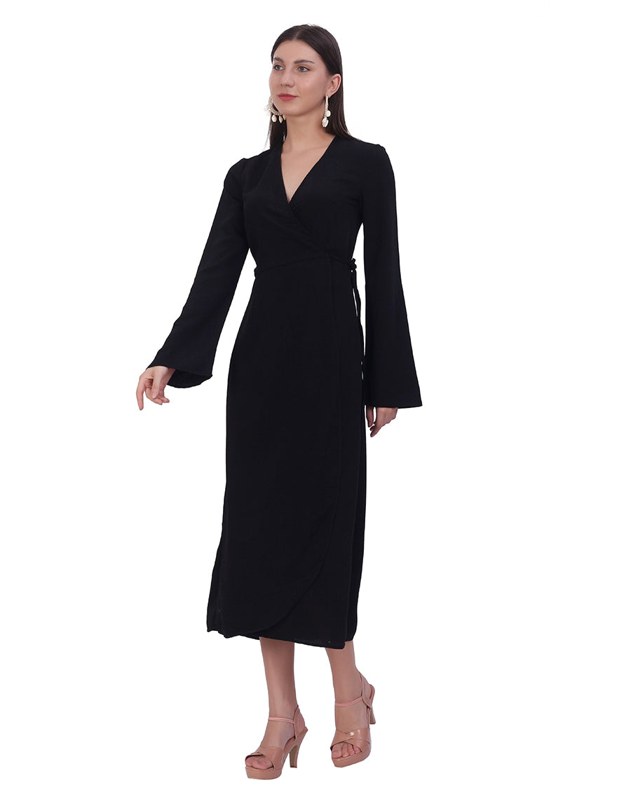 Black Overlap Midi Dress