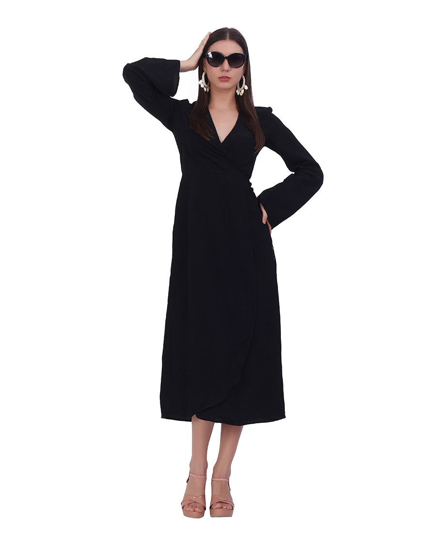 Black Overlap Midi Dress