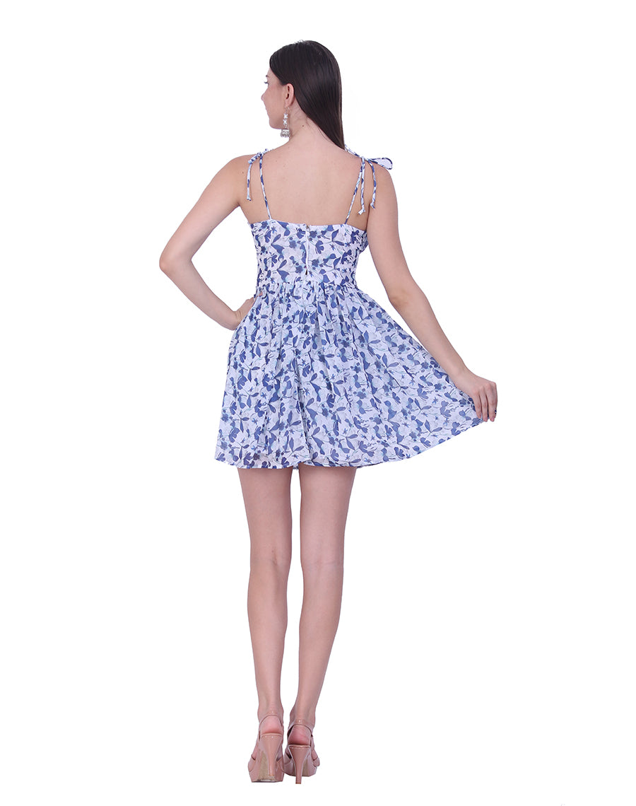 Blue & White Floral Flare Mini Dress