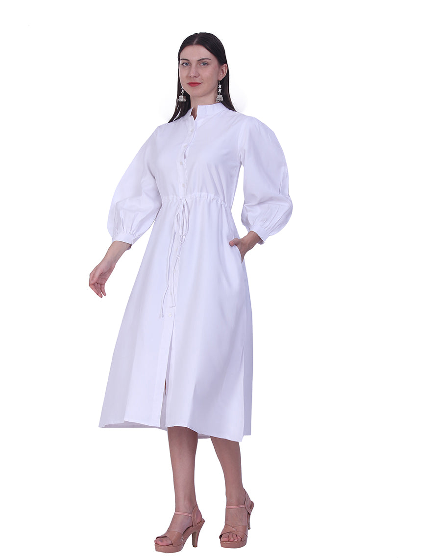 White Balloon Sleeve Shirt Dress