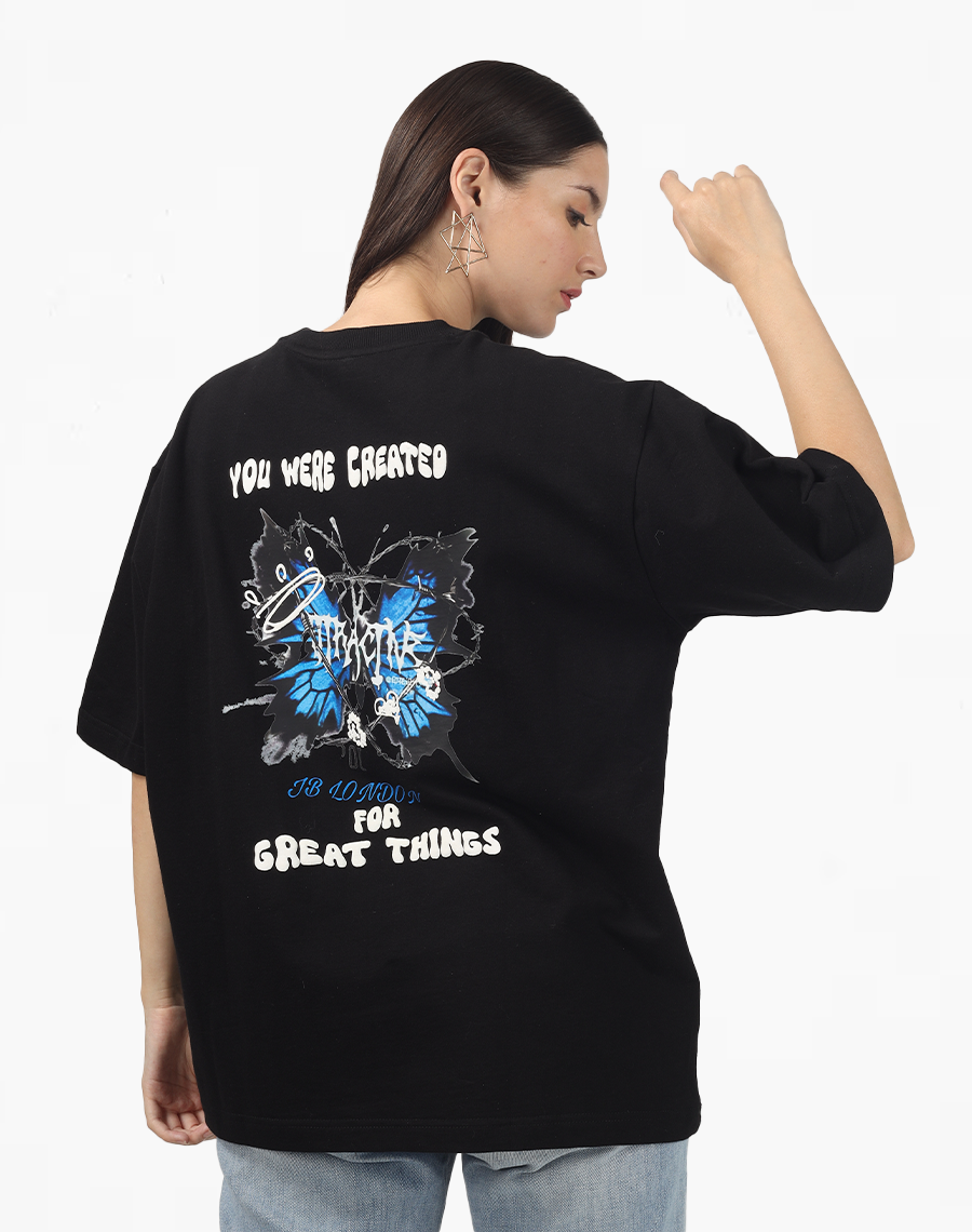 Black Oversized T-shirt with Butterfly Print