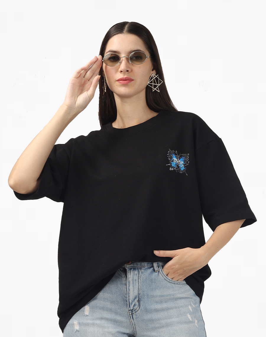 Black Oversized T-shirt with Butterfly Print