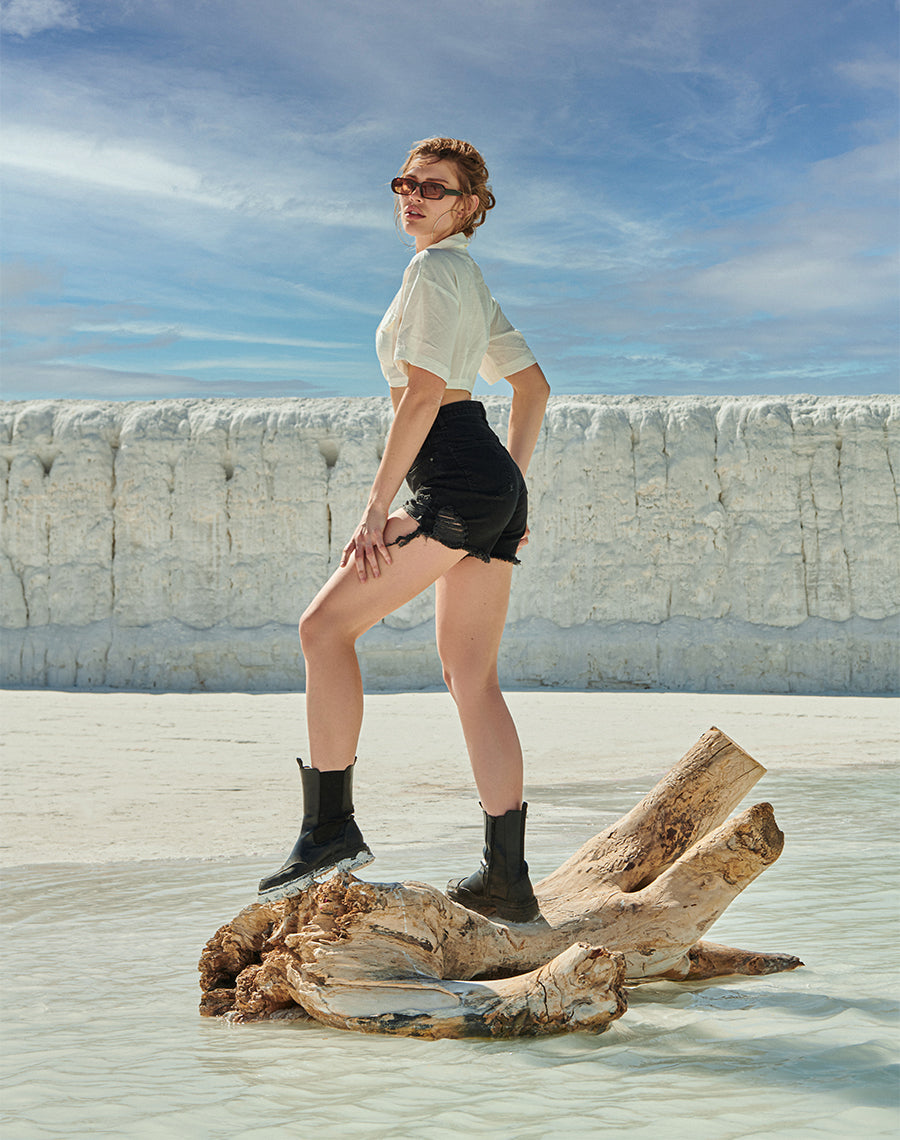 On The Beach Black Ripped Denim Shorts