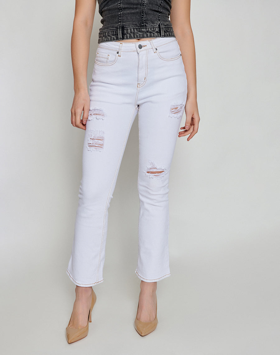 Retro White Ripped Bootcut Jeans