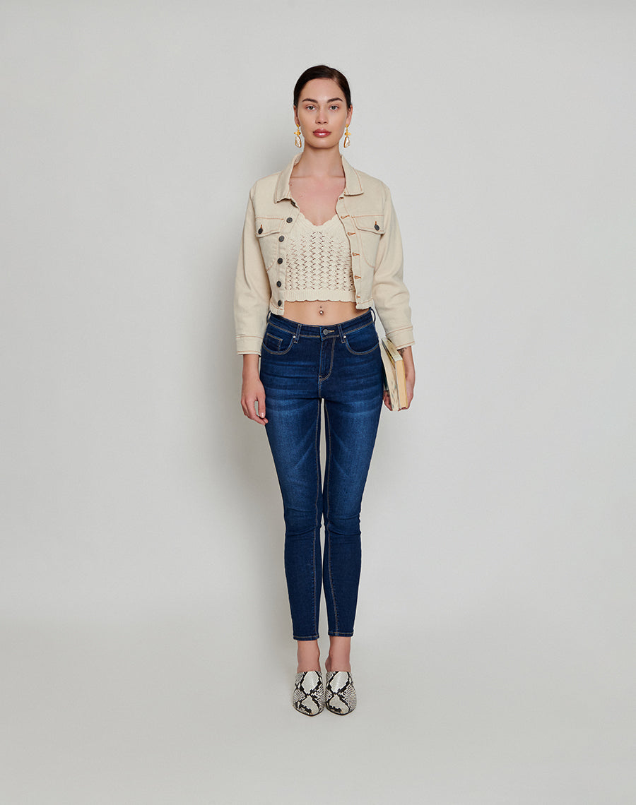 Beige Cropped Denim Jacket