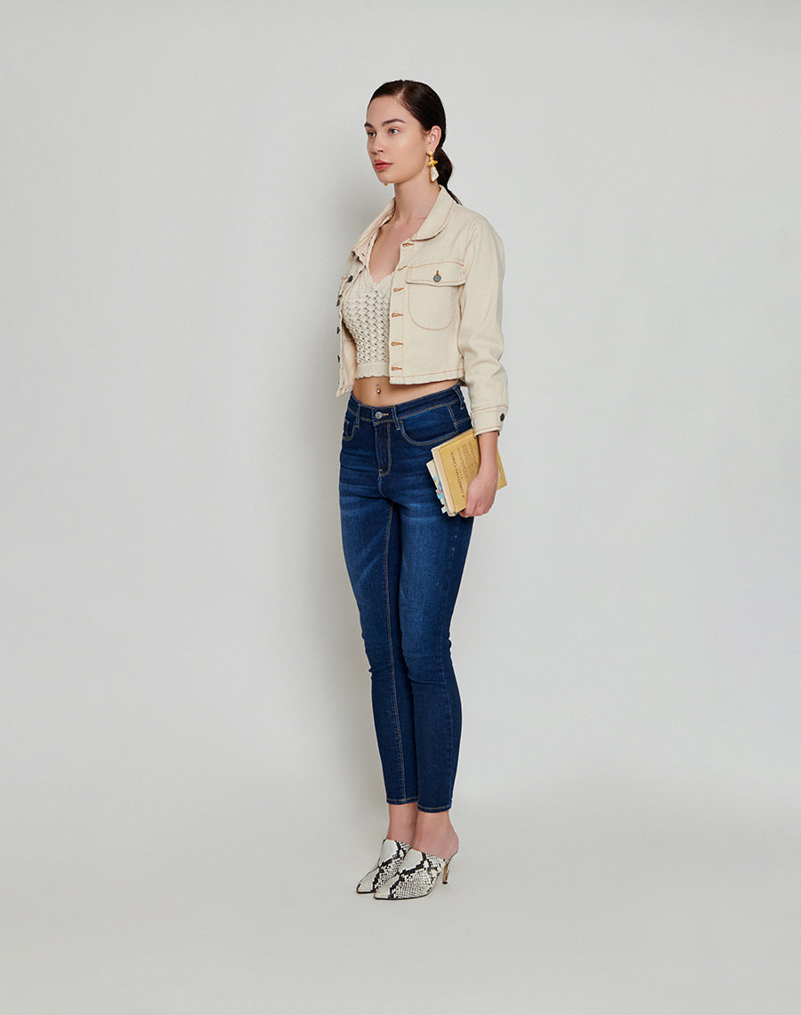 Beige Cropped Denim Jacket