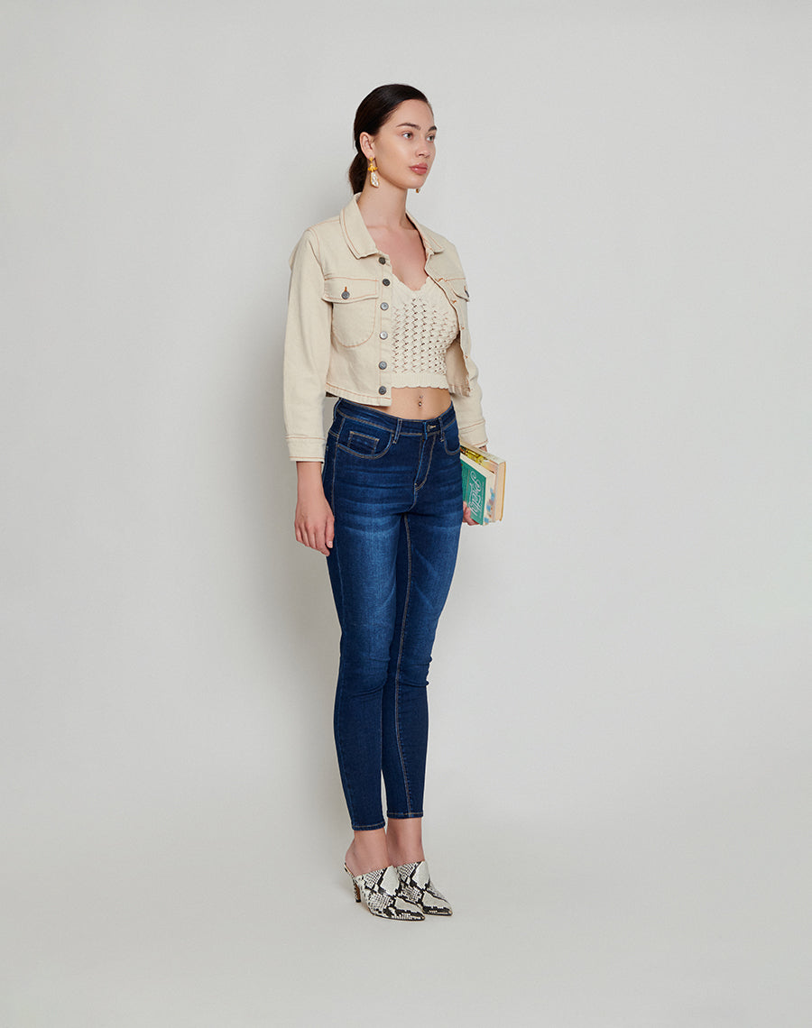 Beige Cropped Denim Jacket