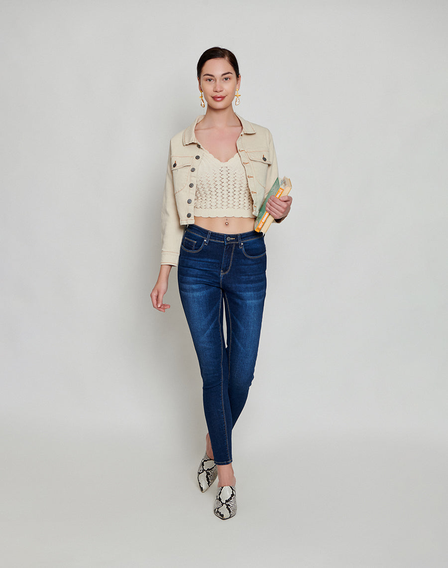 Beige Cropped Denim Jacket