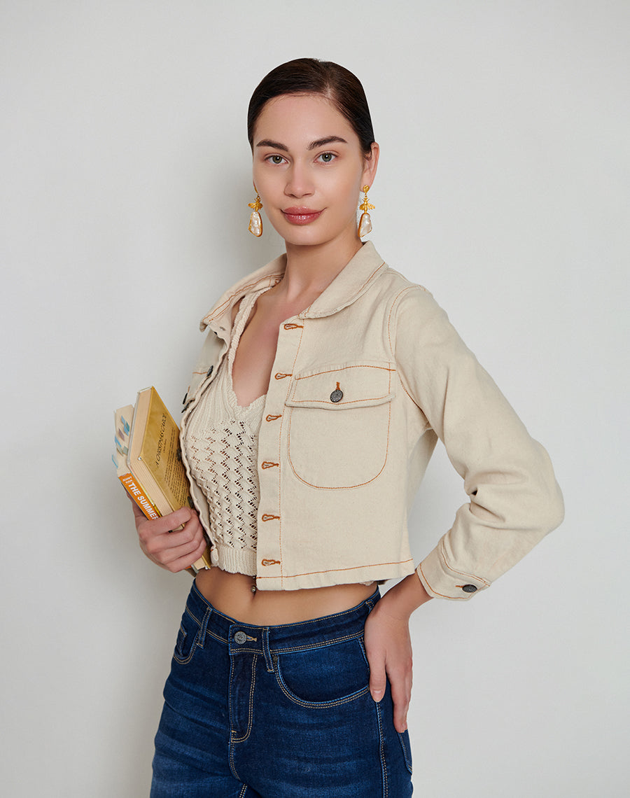 Cropped beige denim jacket sale