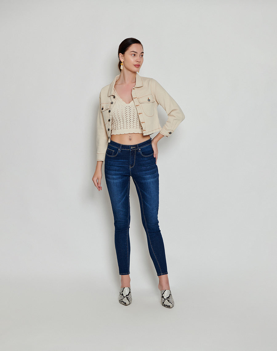 Beige Cropped Denim Jacket