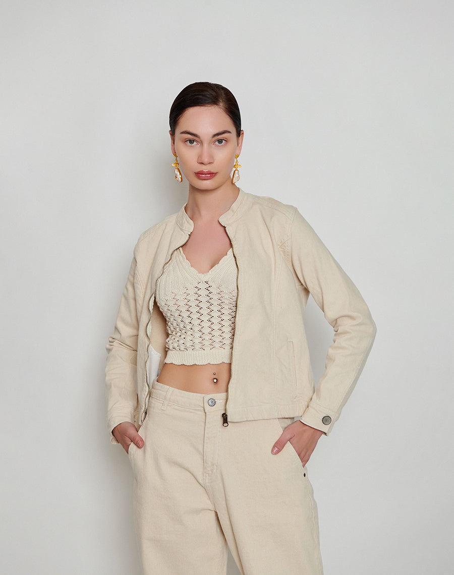 Beige Zipper Trucker Jacket