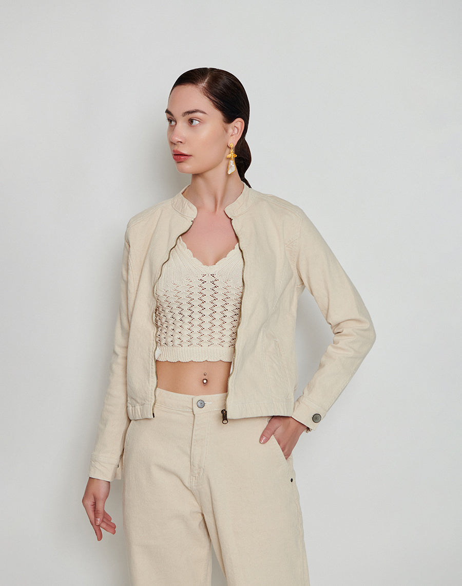 Beige Zipper Trucker Jacket