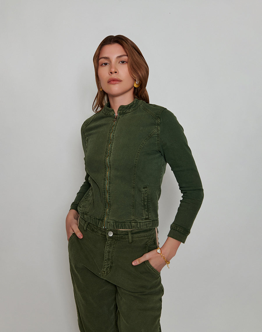 Olive Green Zipper Trucker Jacket